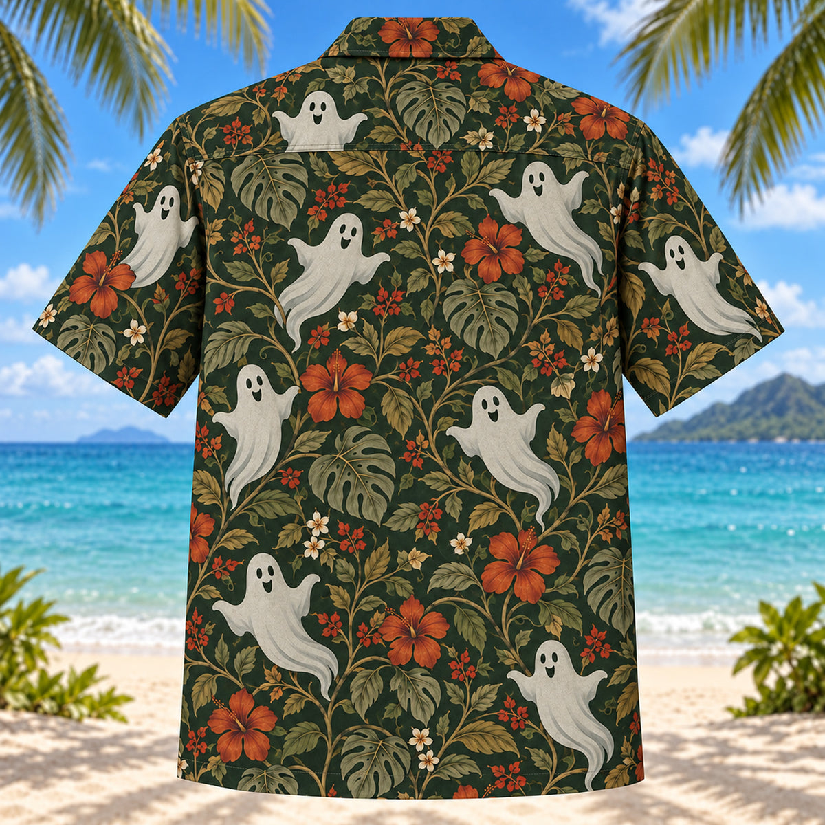 Back view of Ghost Garden Adult Halloween Hawaiian Shirt with matching artwork in forest green, rust, pale gray