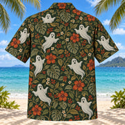 Back view of Ghost Garden Adult Halloween Hawaiian Shirt with matching artwork in forest green, rust, pale gray