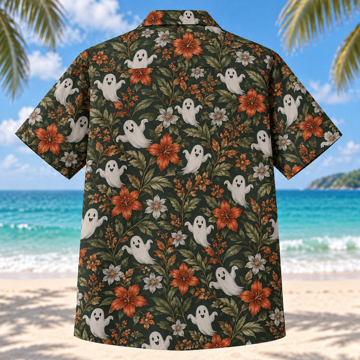 Back view of Ghostly Floral Adult Halloween Hawaiian Shirt with matching artwork in forest green, rust, pale gray