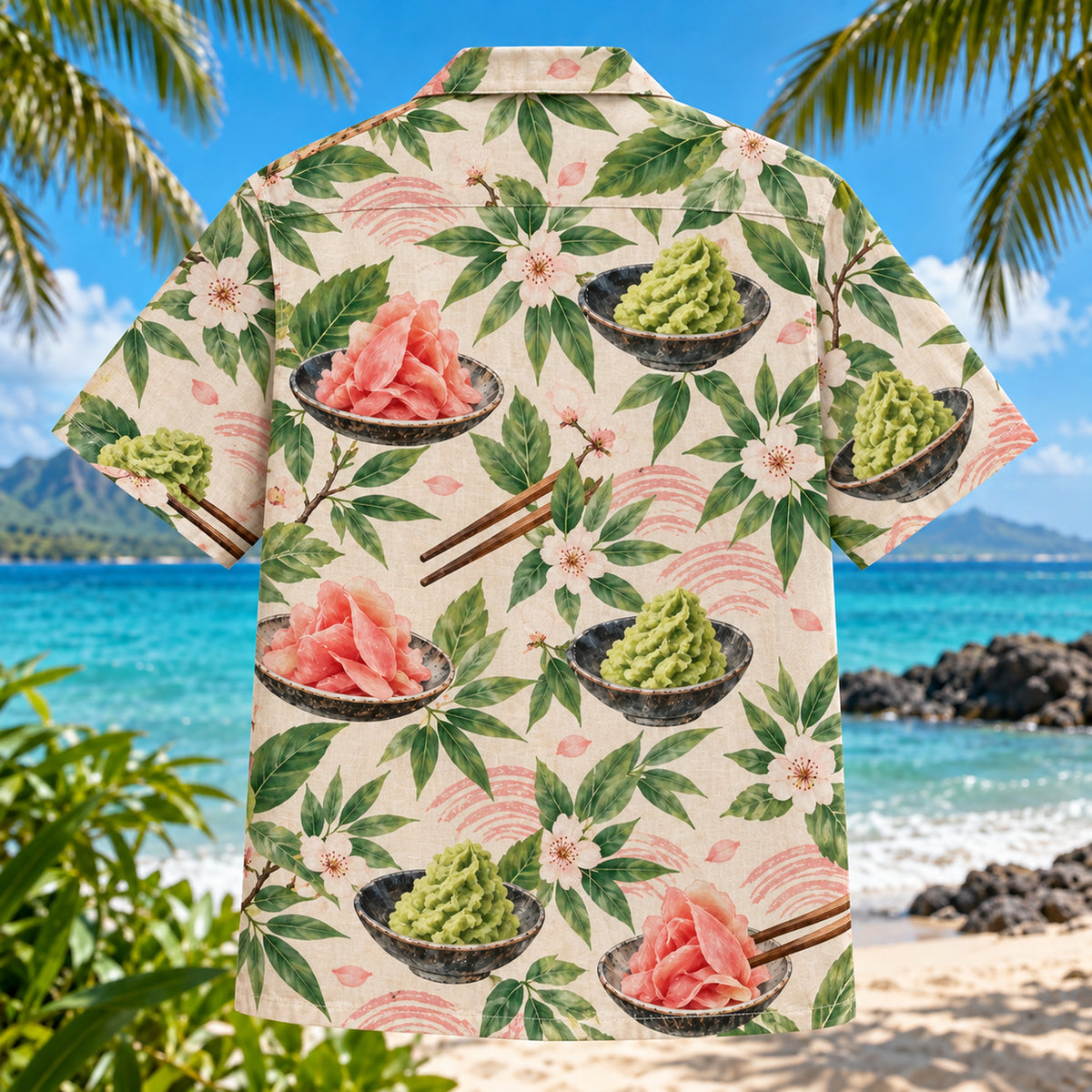 Back view of Ginger Wasabi Japanese Food Hawaiian Shirt with matching artwork in pink, green, cream