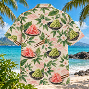 Back view of Ginger Wasabi Japanese Food Hawaiian Shirt with matching artwork in pink, green, cream