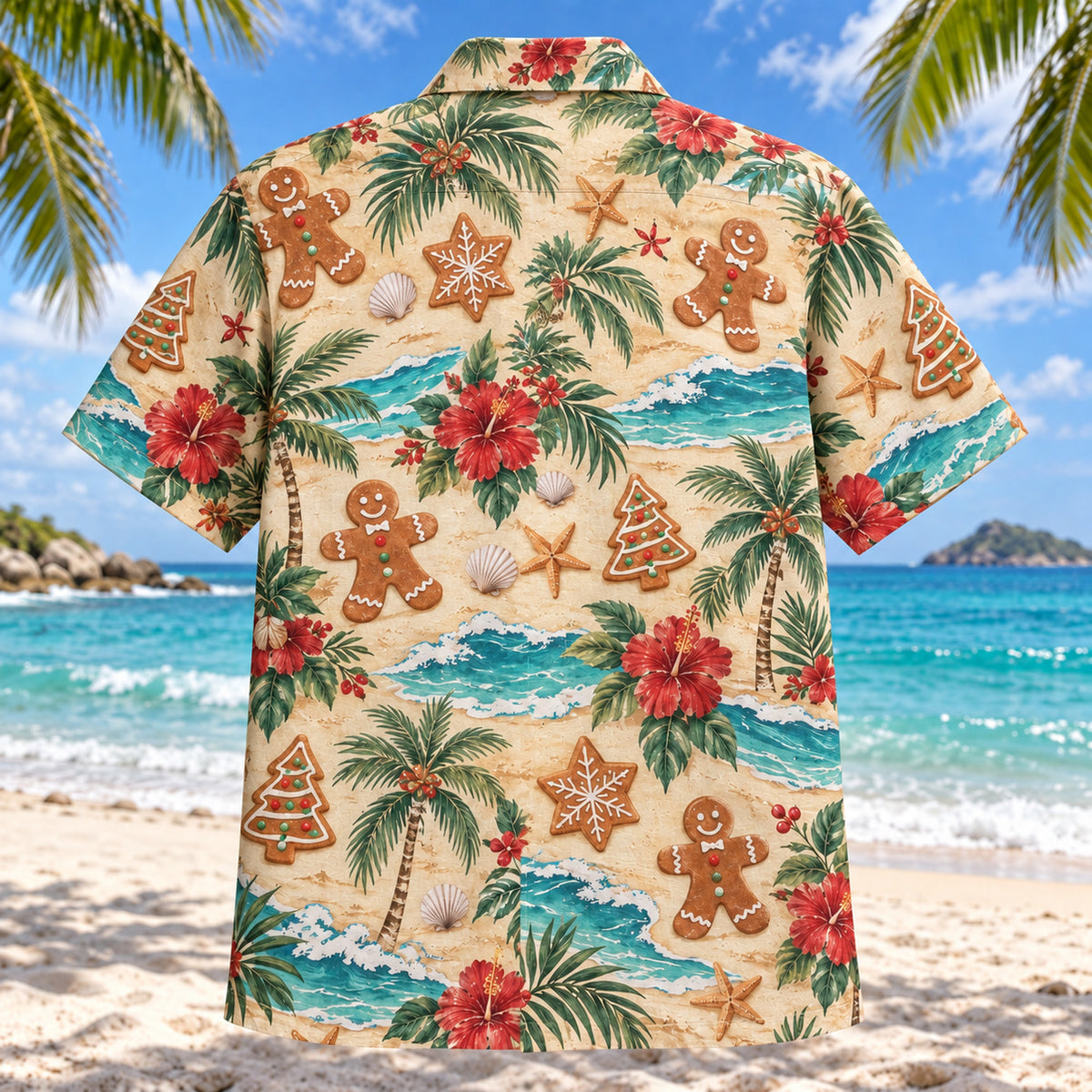 Back view of Gingerbread Shore Christmas Hawaiian Shirt with matching artwork in sand, teal, cinnamon