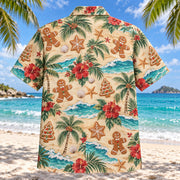 Back view of Gingerbread Shore Christmas Hawaiian Shirt with matching artwork in sand, teal, cinnamon