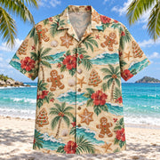 Front view of Gingerbread Shore Christmas Hawaiian Shirt with gingerbread cookies, shore waves and palm leaves