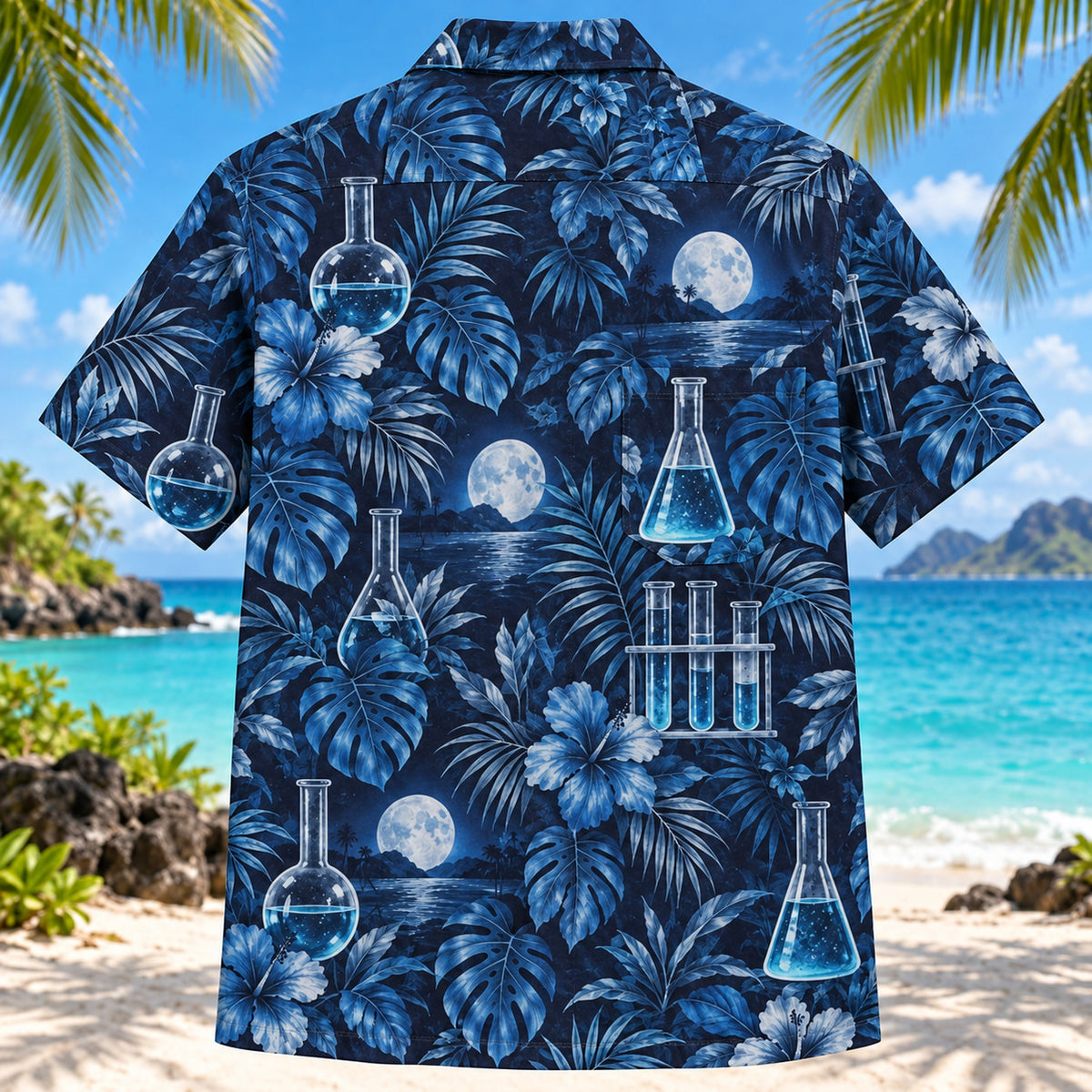 Back view of Glassware Night Chemistry Hawaiian Shirt with matching artwork in indigo, cyan, silver
