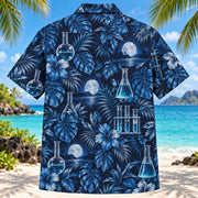 Back view of Glassware Night Chemistry Hawaiian Shirt with matching artwork in indigo, cyan, silver