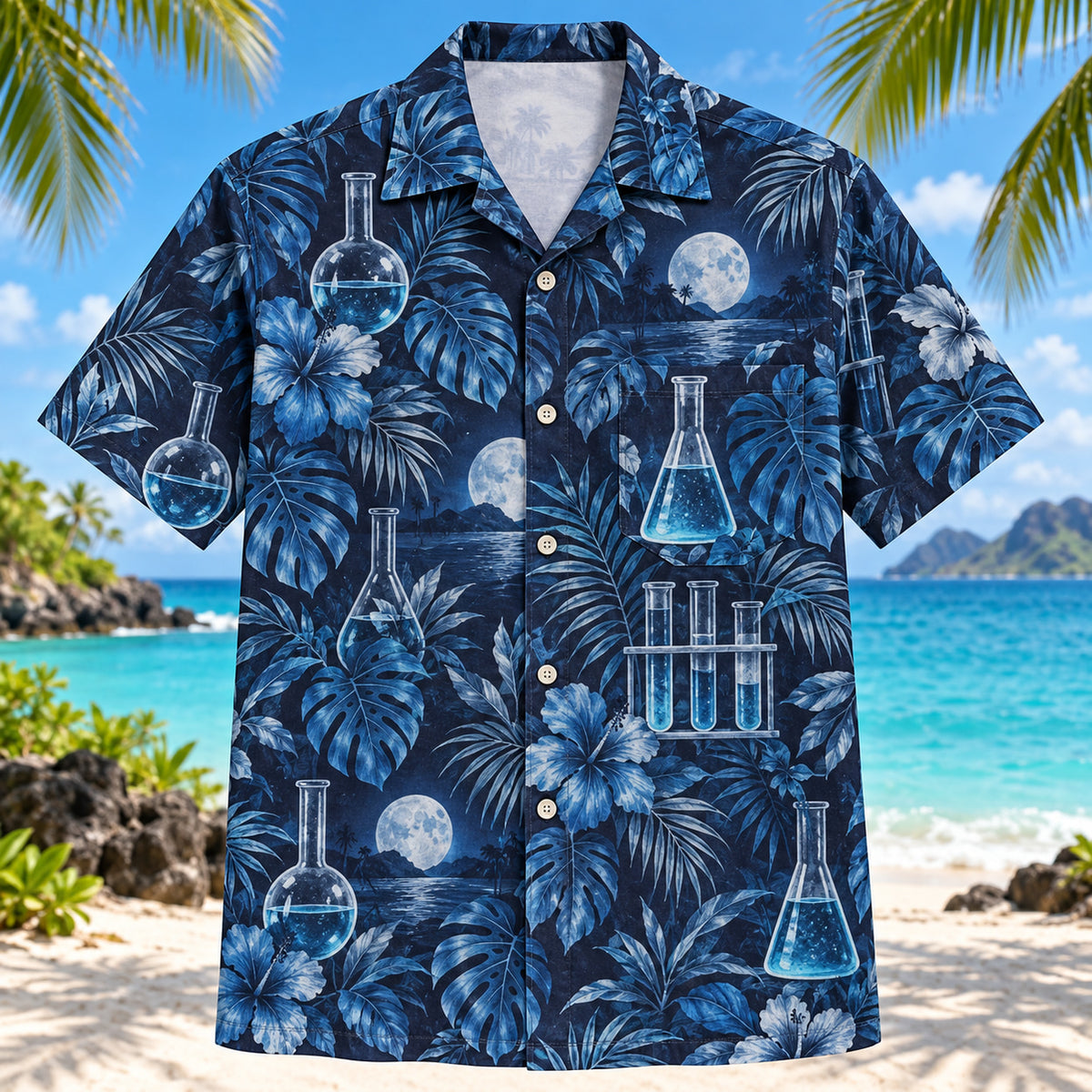 Front view of Glassware Night Chemistry Hawaiian Shirt with laboratory glassware silhouettes among moonlit tropical leaves