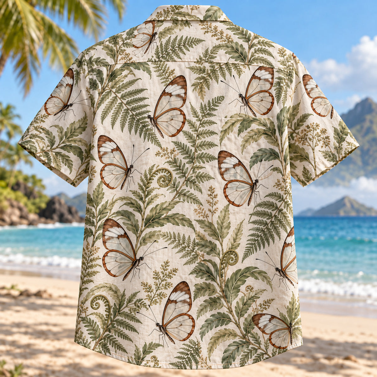Back view of Glasswing Fern Butterfly and Moth Hawaiian Shirt with matching artwork in clear, brown, sage