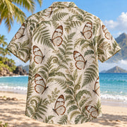 Back view of Glasswing Fern Butterfly and Moth Hawaiian Shirt with matching artwork in clear, brown, sage