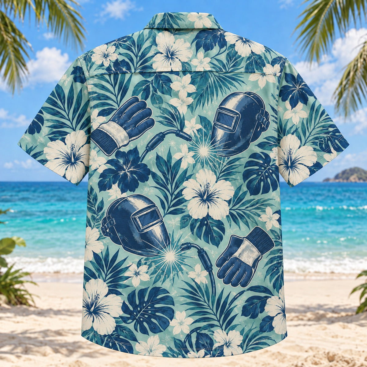 Back view of Glove Welder Hawaiian Shirt with matching artwork in seafoam, navy, ivory
