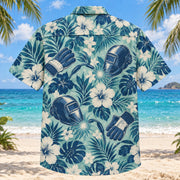 Back view of Glove Welder Hawaiian Shirt with matching artwork in seafoam, navy, ivory
