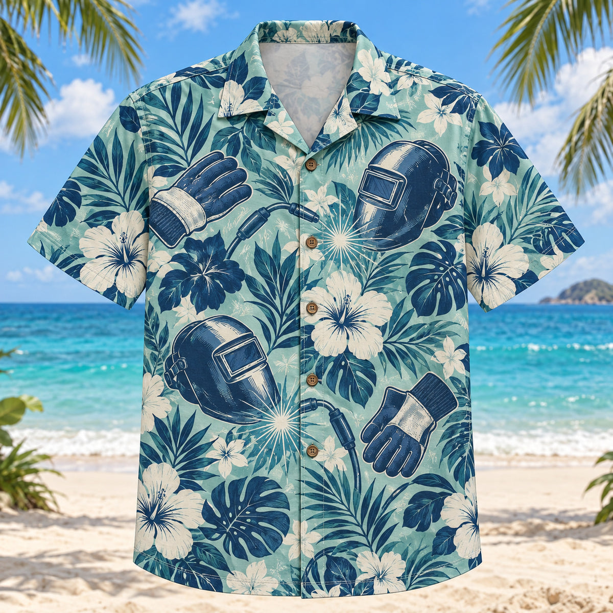 Front view of Glove Welder Hawaiian Shirt with original glove motifs, with tropical botanical accents; no text or branded equipment