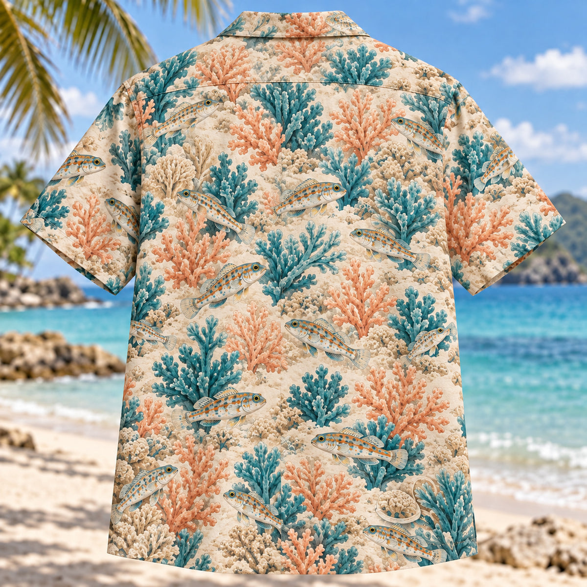 Back view of Goby Coral Garden Reef Aquarium Hawaiian Shirt with matching artwork in sand, peach, teal