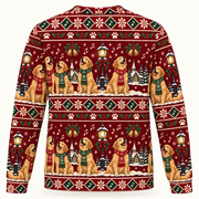 Back view Golden Retriever Christmas carolers sweater