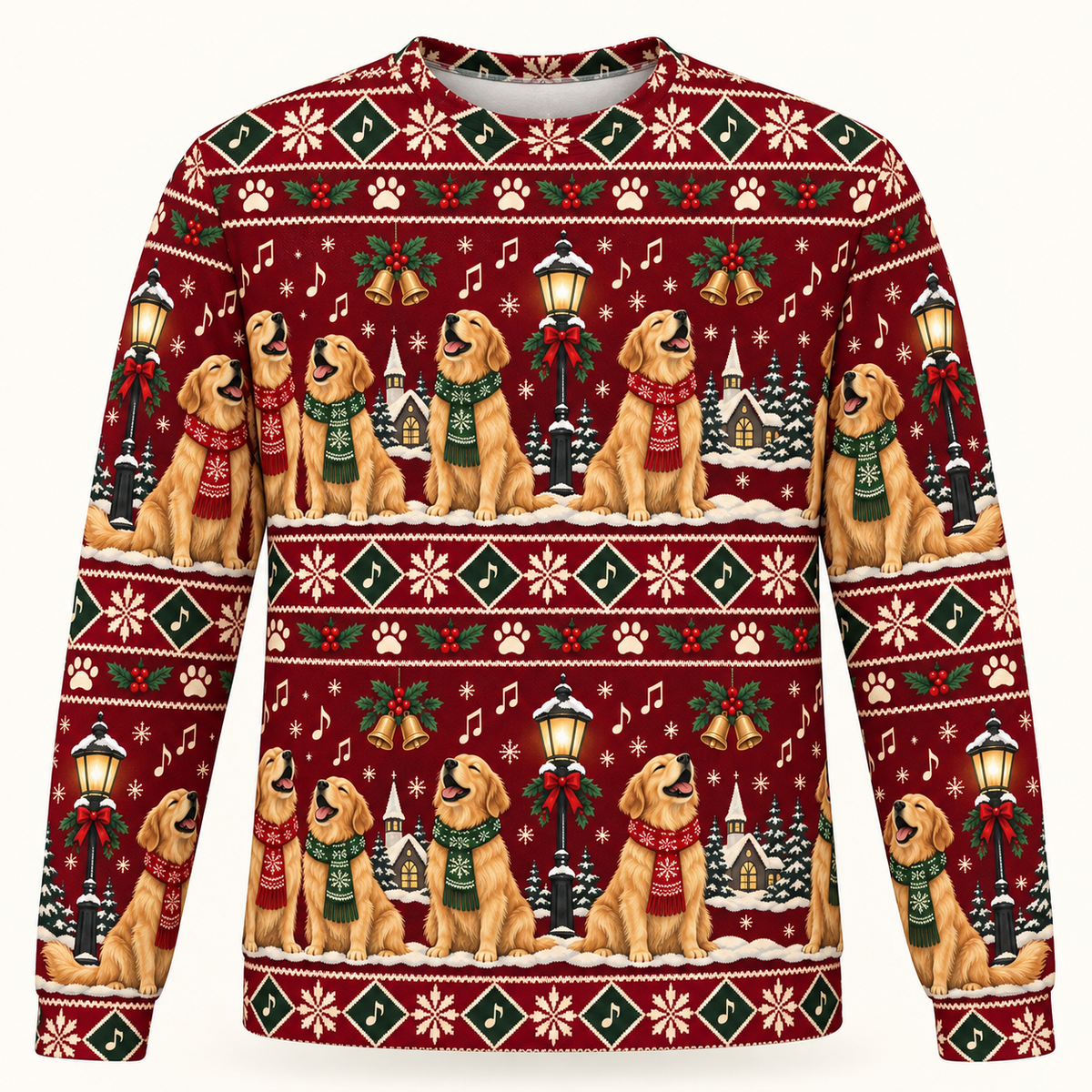 Front view Golden Retriever Christmas carolers sweater