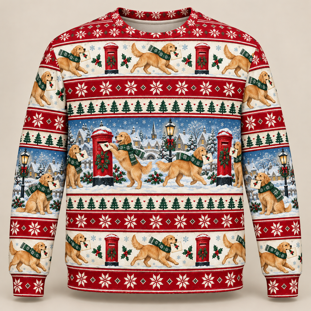Golden Retriever Christmas Mail all-over-print sweater front view