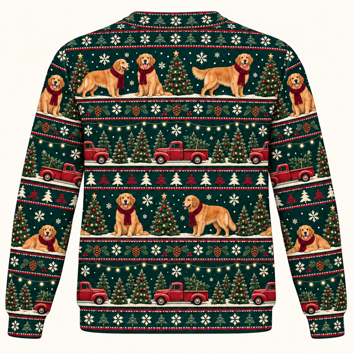 Back view Golden Retriever Christmas tree farm sweater