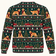 Back view Golden Retriever Christmas tree farm sweater