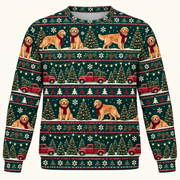 Front view Golden Retriever Christmas tree farm sweater