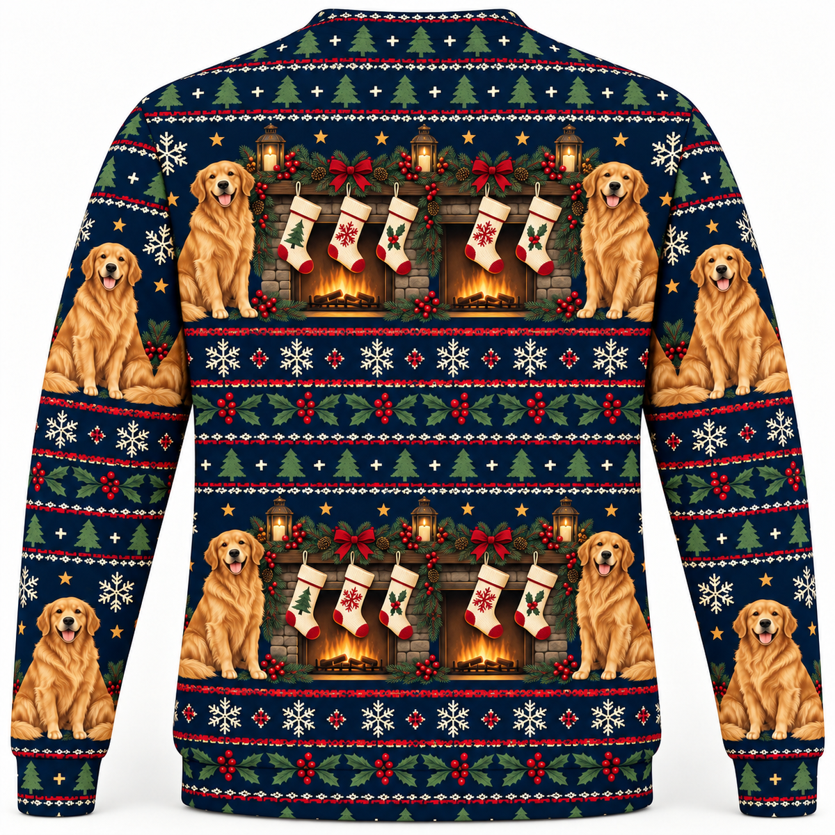 Golden Retriever Fireplace Stockings Christmas Ugly Sweater back