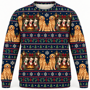 Golden Retriever Fireplace Stockings Christmas Ugly Sweater front