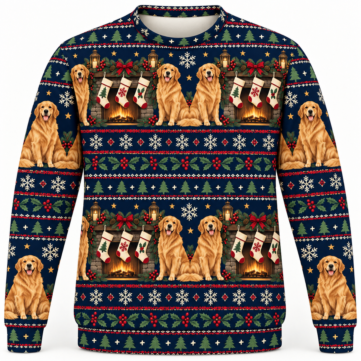 Golden Retriever Fireplace Stockings Christmas Ugly Sweater front