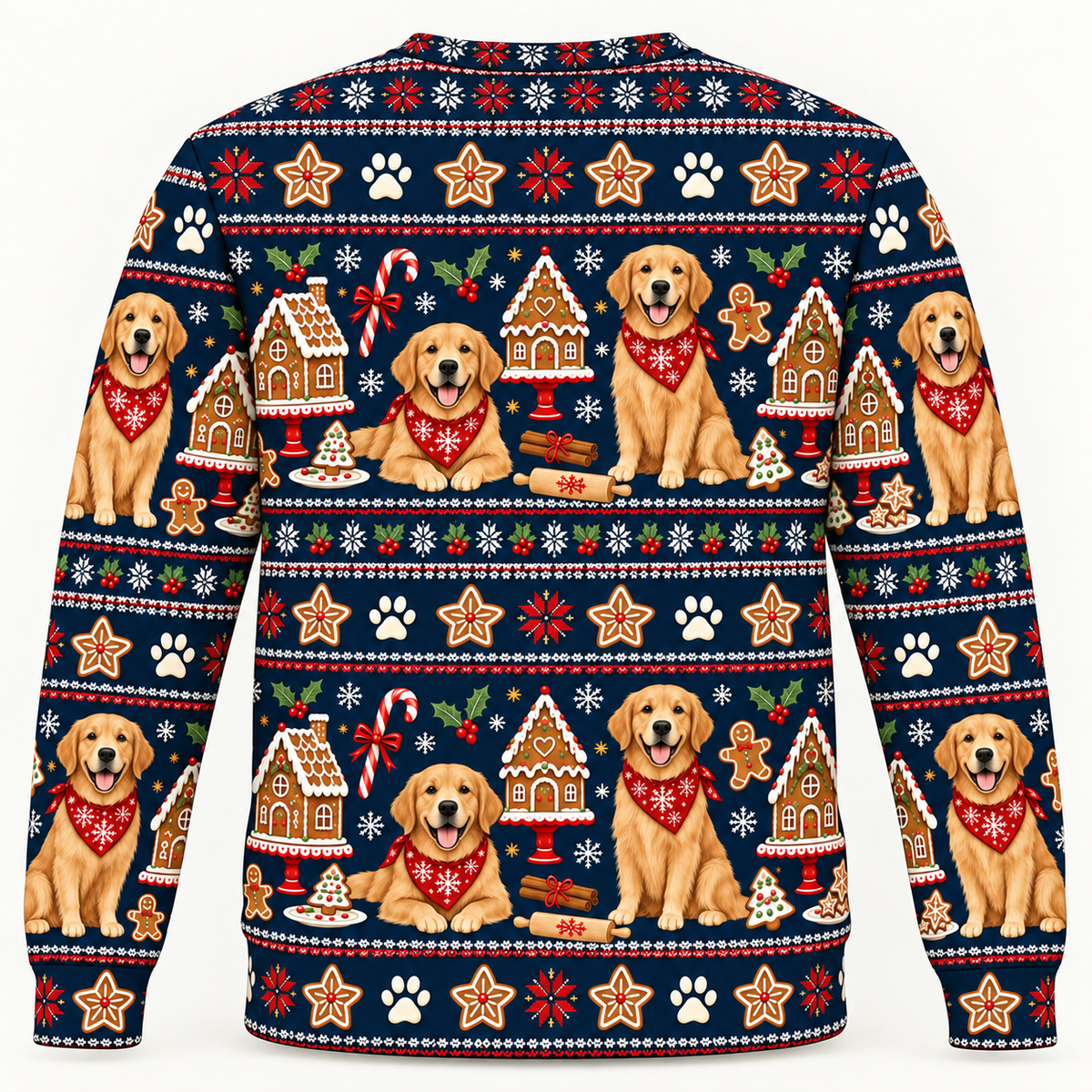 Back view Golden Retriever gingerbread bakery Christmas sweater