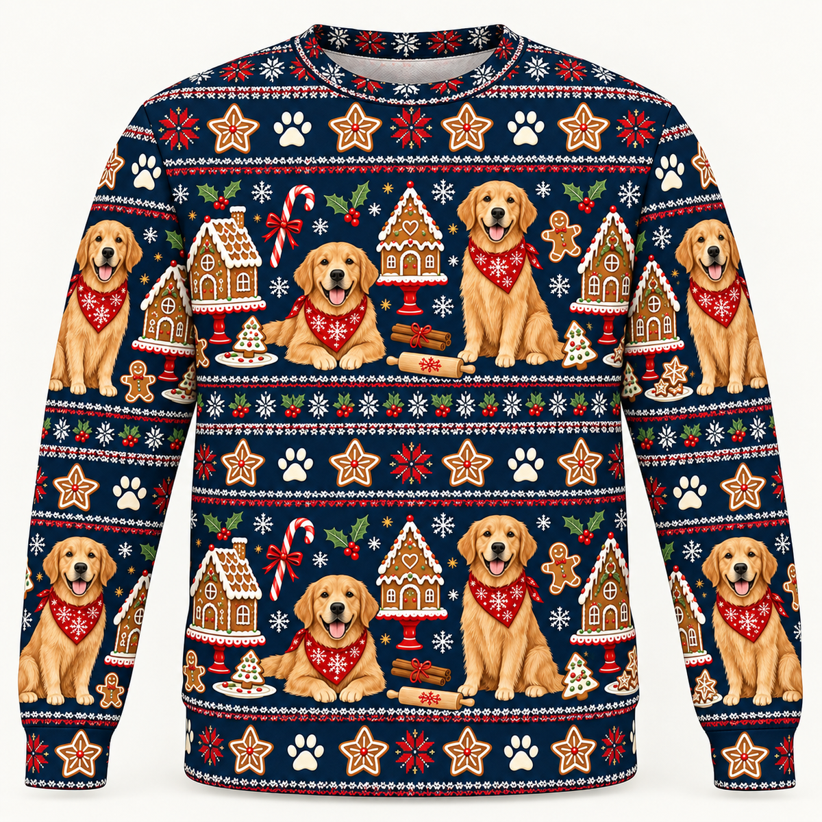 Front view Golden Retriever gingerbread bakery Christmas sweater