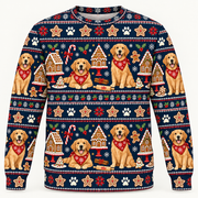 Front view Golden Retriever gingerbread bakery Christmas sweater