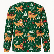 Back view of Golden Retriever ice skating Christmas sweater