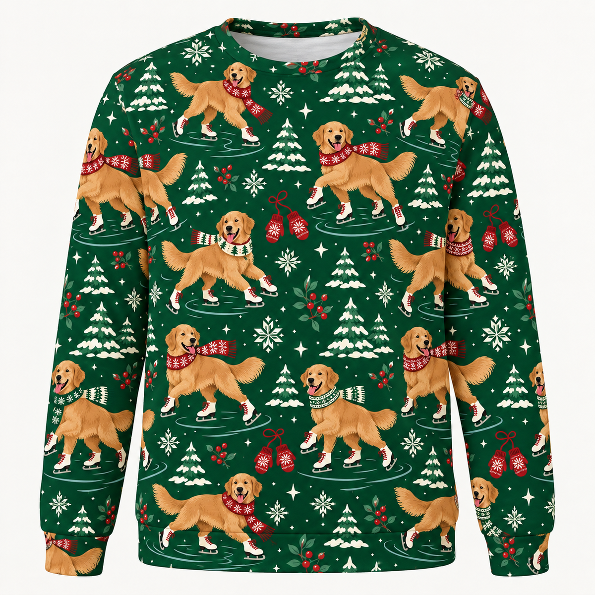 Front view of Golden Retriever ice skating Christmas sweater