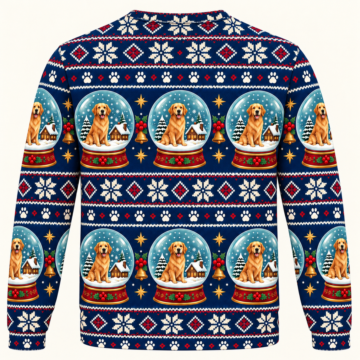 Back view Golden Retriever snow globe Christmas sweater