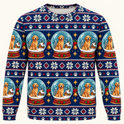 Front view Golden Retriever snow globe Christmas sweater