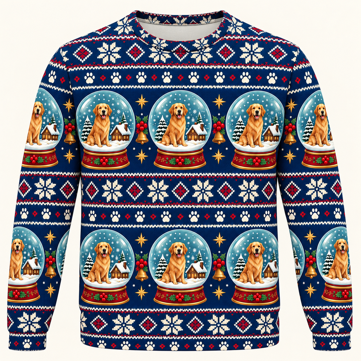 Front view Golden Retriever snow globe Christmas sweater