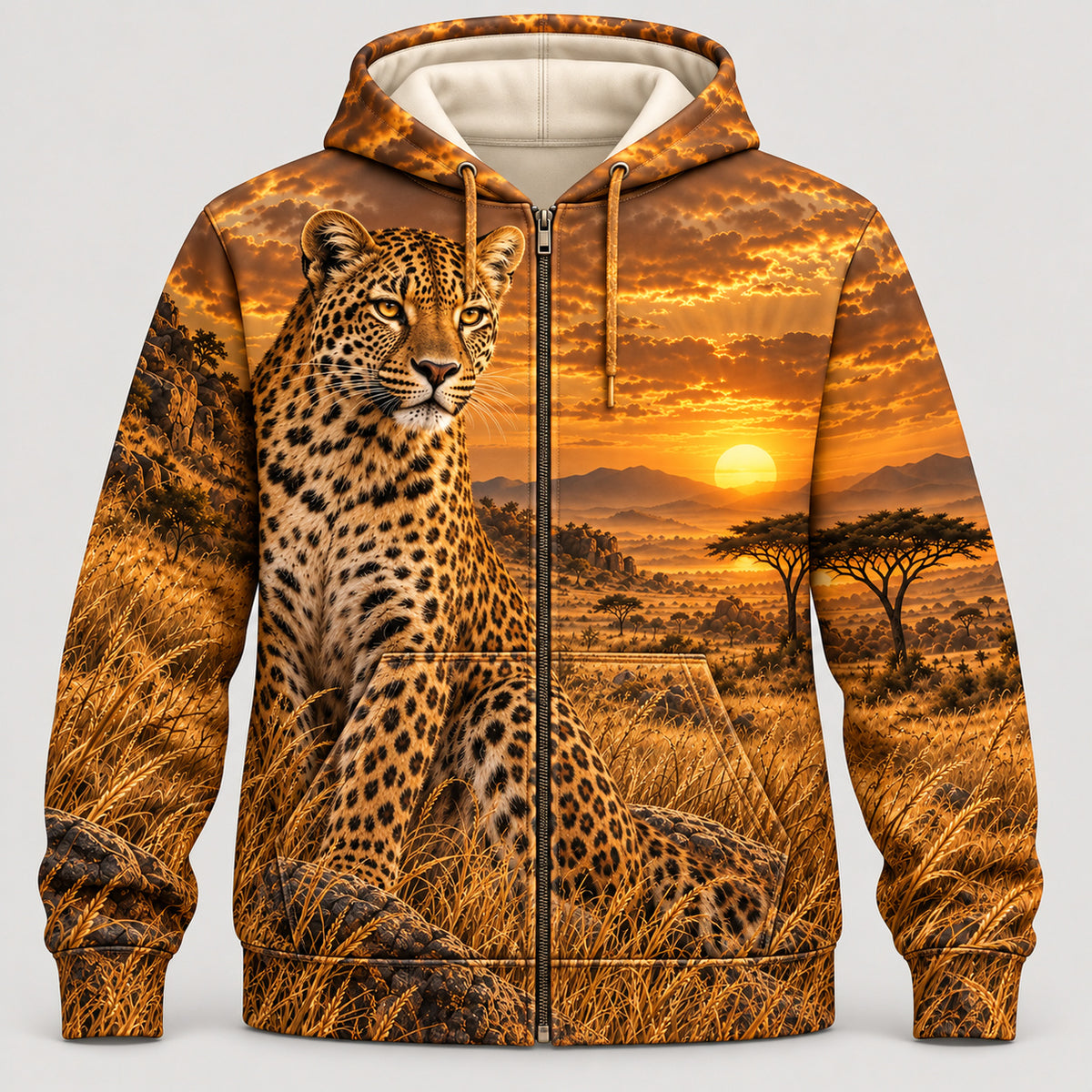 Golden Savanna Leopard zip hoodie front