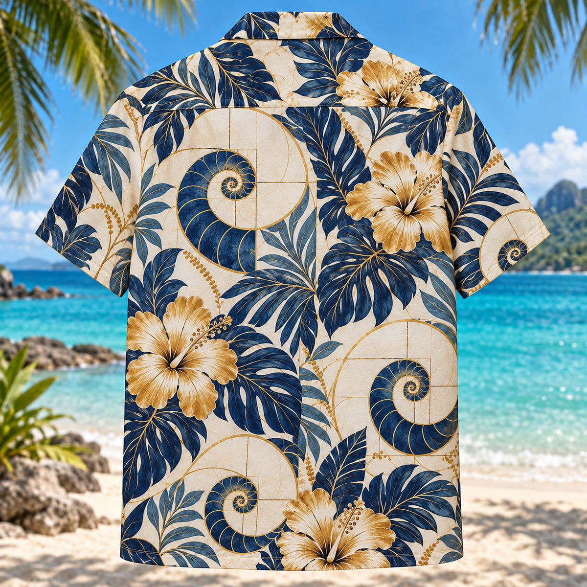 Back view of Golden Spiral Mathematics Hawaiian Shirt with matching artwork in gold, navy, ivory