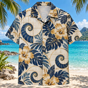 Front view of Golden Spiral Mathematics Hawaiian Shirt with logarithmic spiral curves among botanical forms