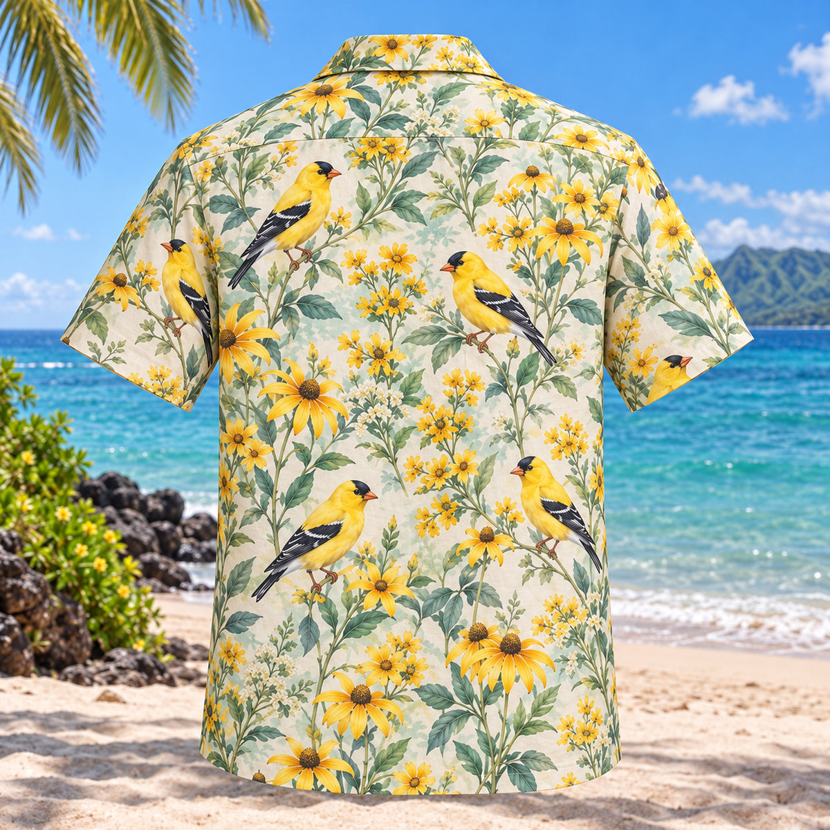 Back view of Goldfinch Meadow Birdwatching Hawaiian Shirt with matching bird artwork in yellow, mint, cream