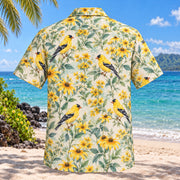 Back view of Goldfinch Meadow Birdwatching Hawaiian Shirt with matching bird artwork in yellow, mint, cream