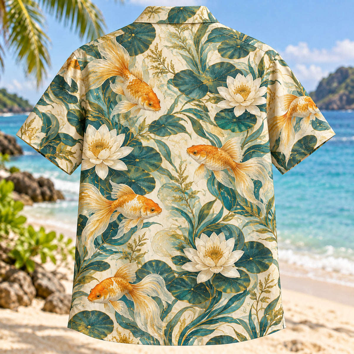 Back view of Goldfish Lily Freshwater Aquarium Hawaiian Shirt with matching artwork in gold, ivory, teal