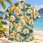 Back view of Goldfish Lily Freshwater Aquarium Hawaiian Shirt with matching artwork in gold, ivory, teal