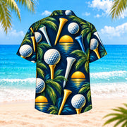 Back view of Golf Tee Palm Hawaiian Shirt showing golf tees, golf balls, layered palm leaves, small retro suns