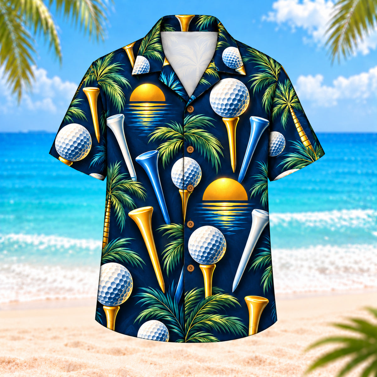 Front view of Golf Tee Palm Hawaiian Shirt showing golf tees, golf balls, layered palm leaves, small retro suns
