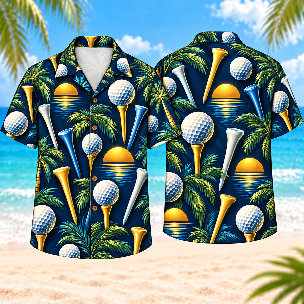 Golf Tee Palm Hawaiian Shirt, front and back views on a beach background with golf tees, golf balls, layered palm leaves, small retro suns