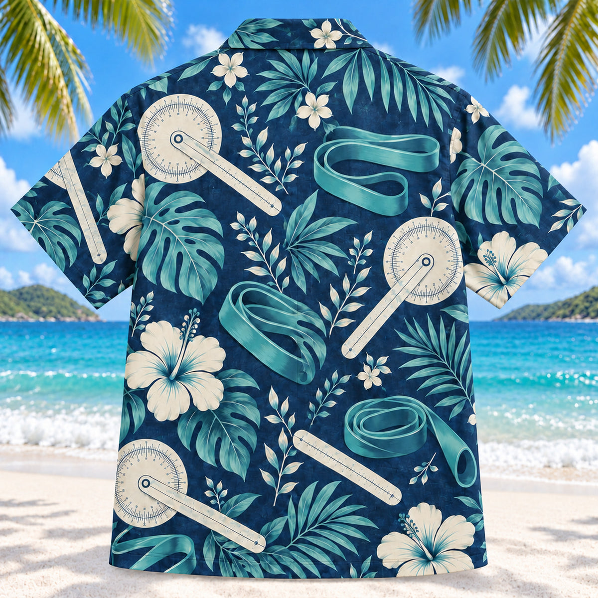 Back view of Goniometer Garden Navy Physical Therapist Hawaiian Shirt on a Hawaiian beach with fine white sand
