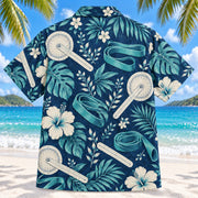 Back view of Goniometer Garden Navy Physical Therapist Hawaiian Shirt on a Hawaiian beach with fine white sand