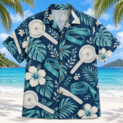 Front view of Goniometer Garden Navy Physical Therapist Hawaiian Shirt on a Hawaiian beach with fine white sand