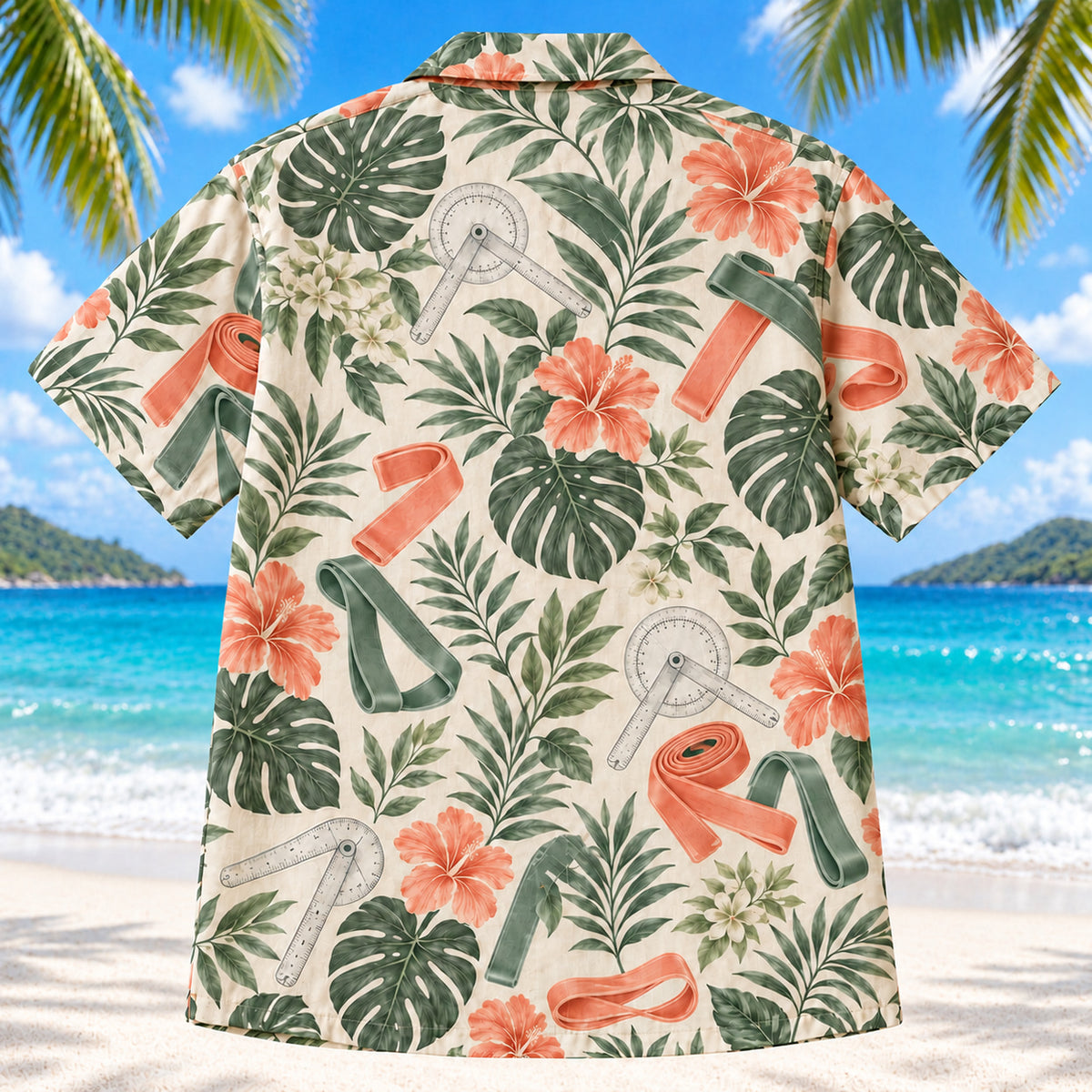 Back view of Goniometer Garden Sage Physical Therapist Hawaiian Shirt on a Hawaiian beach with fine white sand