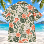 Back view of Goniometer Garden Sage Physical Therapist Hawaiian Shirt on a Hawaiian beach with fine white sand
