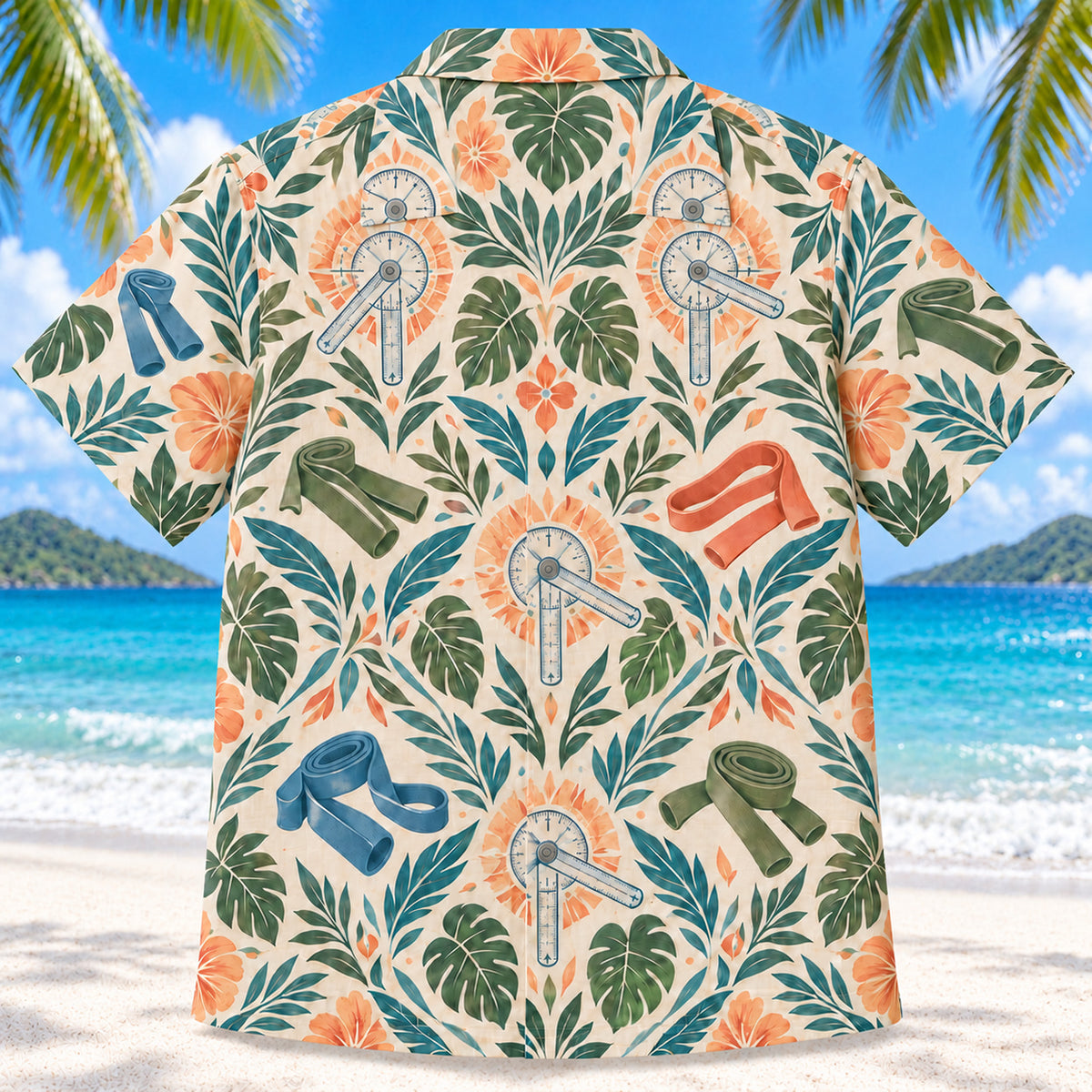 Back view of Goniometer Garden Sunset Physical Therapist Hawaiian Shirt on a Hawaiian beach with fine white sand